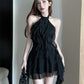 Halter neck ribbon backless little black dress irregular sexy slim fit ruffled dress for women R3708