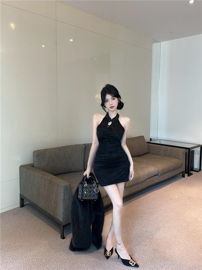 New Chinese style sexy cheongsam French sexy high waist temperament slim short sleeveless dress R3709