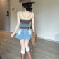 Colorblock retro chic collarbone exposed denim tube top vest high waist slim skirt Hong Kong style suit R3710