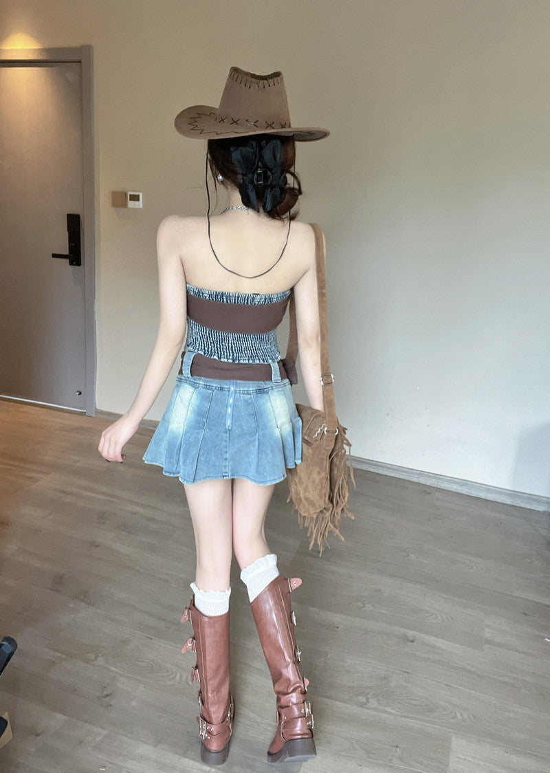 Colorblock retro chic collarbone exposed denim tube top vest high waist slim skirt Hong Kong style suit R3710