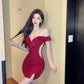 Sexy ruffled one-shoulder dress for women, high-end temperament, v-neck, slim-fitting, hip-wrapped short skirt R3676