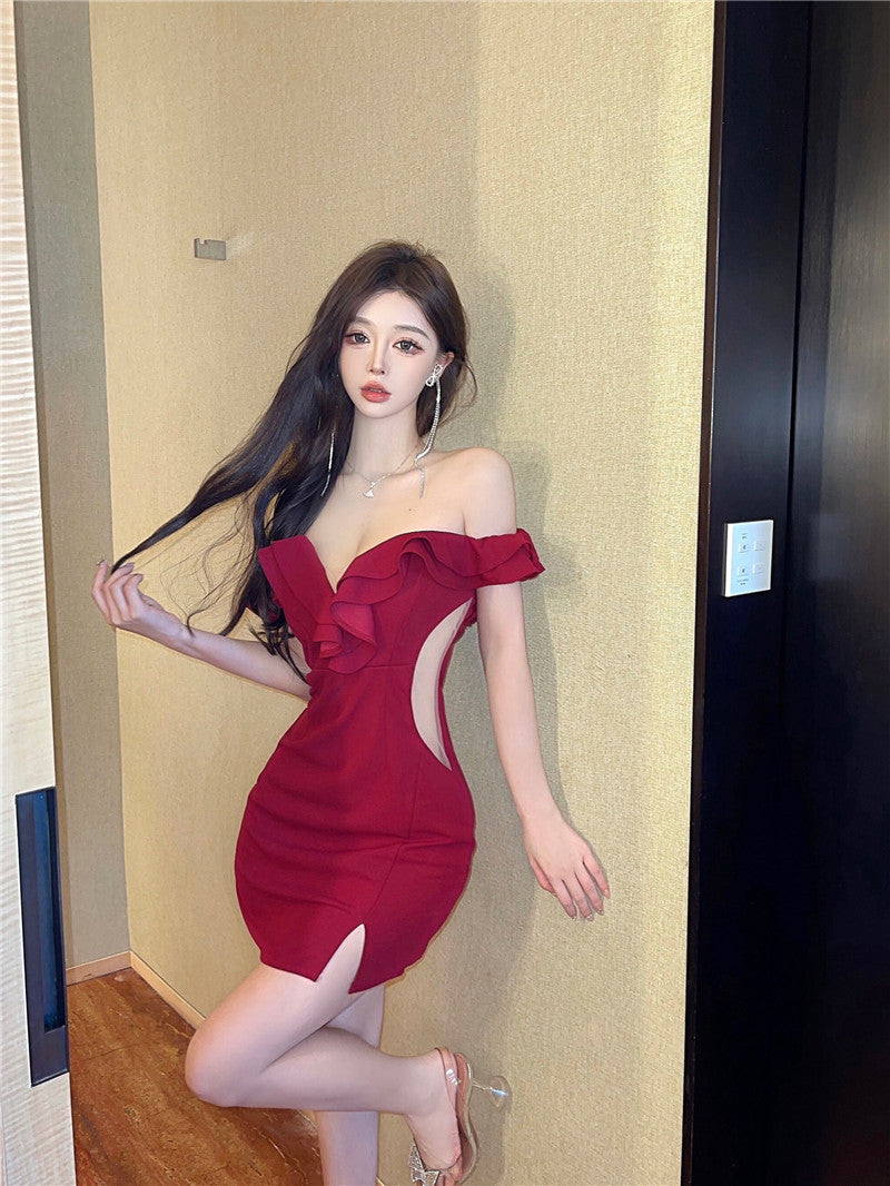 Sexy ruffled one-shoulder dress for women, high-end temperament, v-neck, slim-fitting, hip-wrapped short skirt R3676