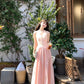 Pink V-neck vest dress with elegant waist and beautiful small skirt R0584