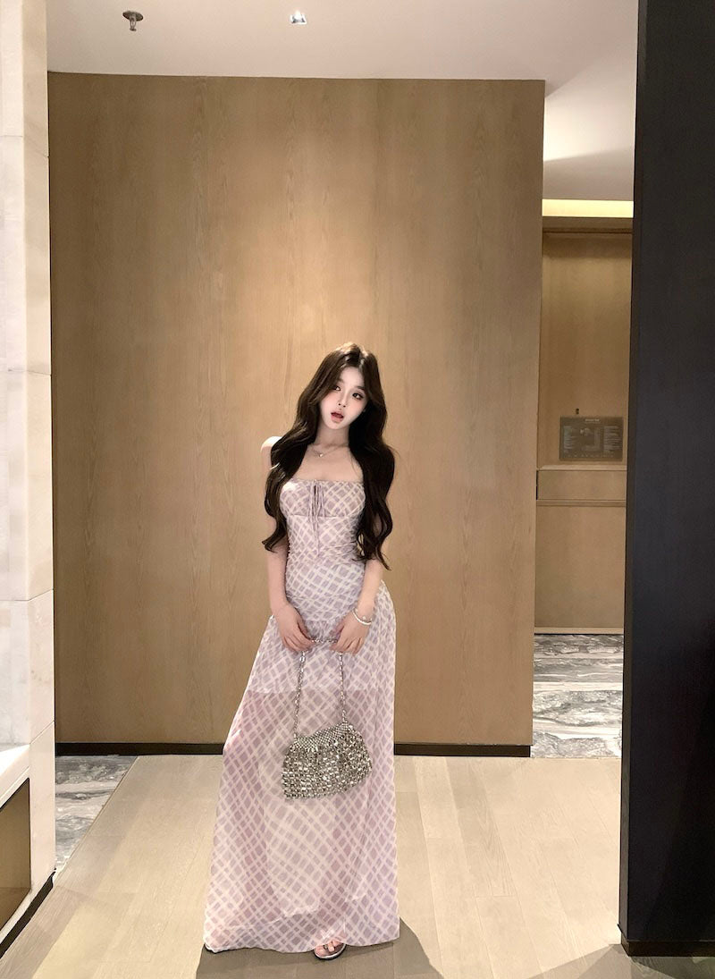 Purple suspender dress beautiful waist a-line beach dress R0587