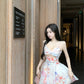 V-neck floral dress with hollow suspenders, beautiful small skirt R0586