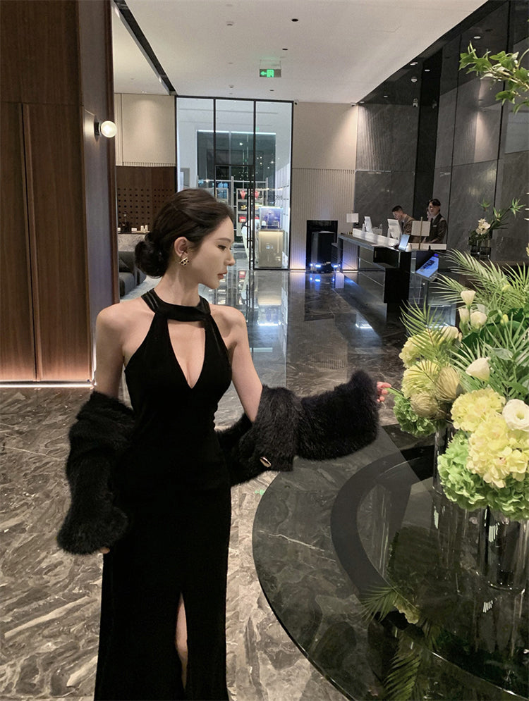 Birthday dress high-end dress high-end niche temperament lady black halter dress R1816