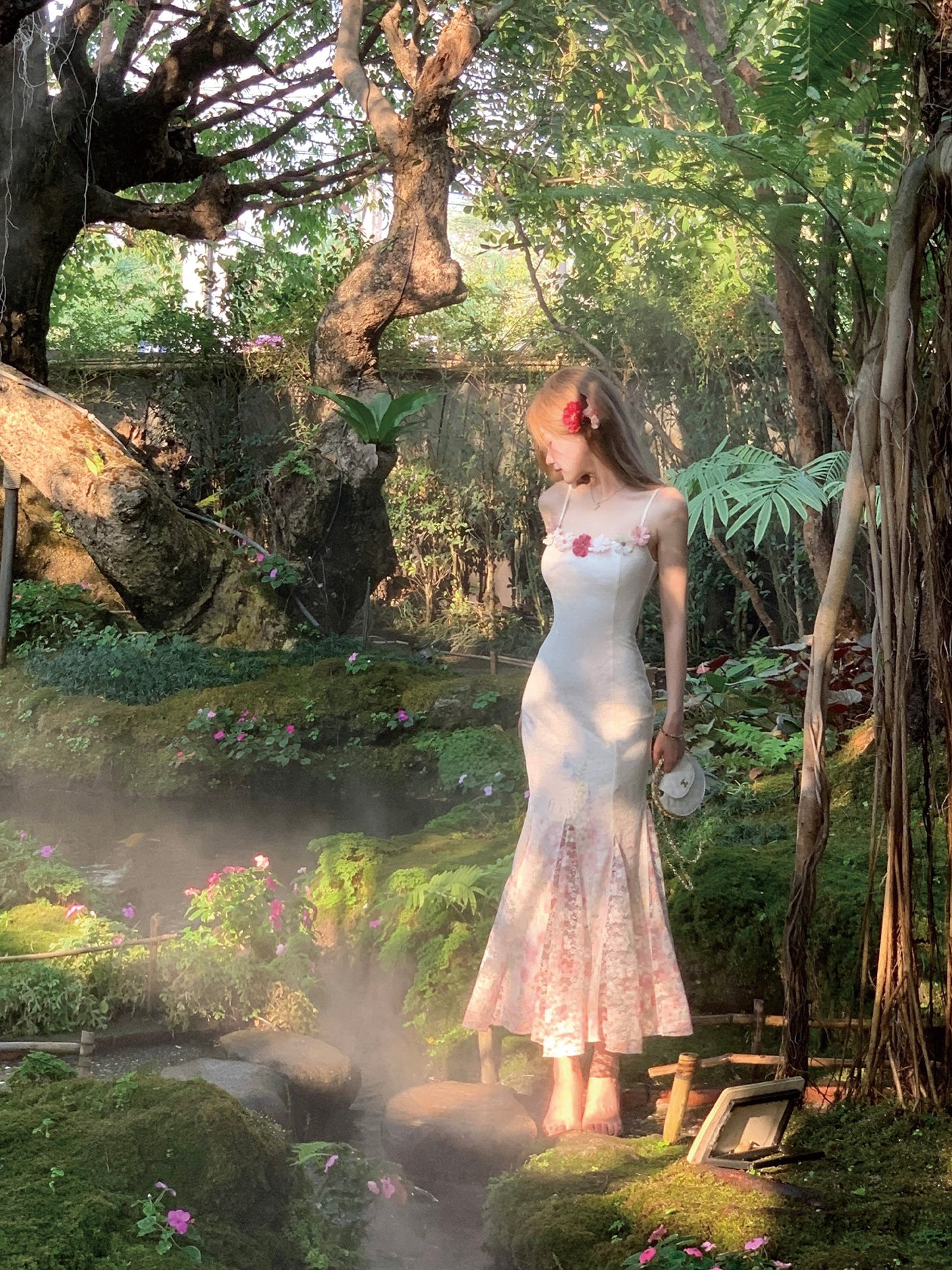 Summer fishtail design floral long skirt with suspenders for holiday R3868