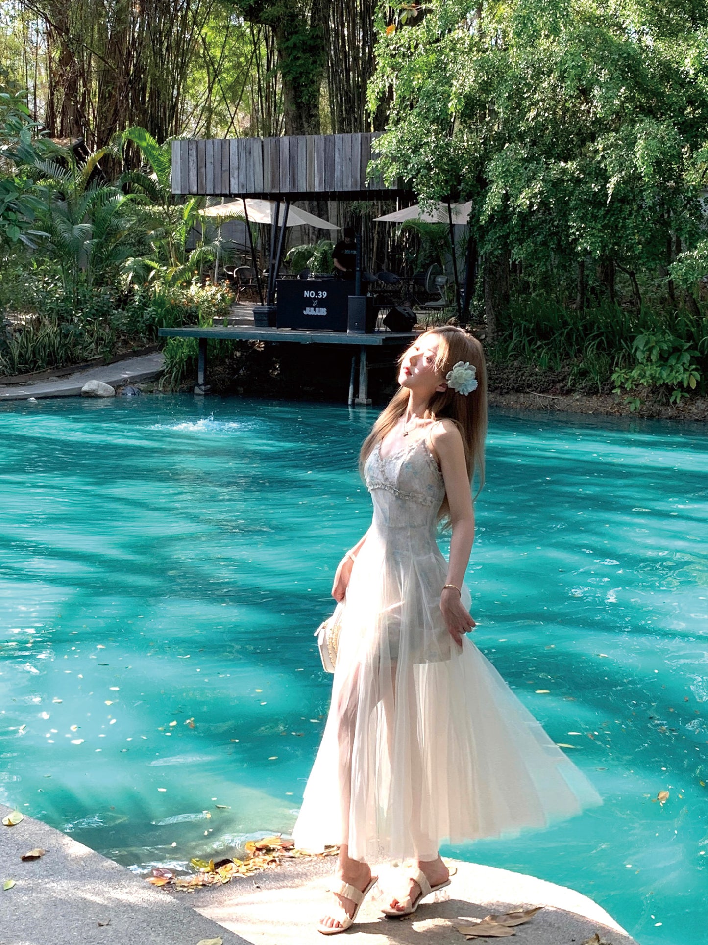 Mint green mesh dress fairy holiday lace summer suspender long dress new style R3873