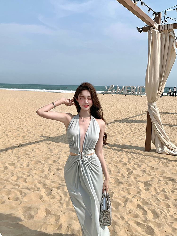 Blue v-neck hollow sleeveless halter dress temperament waist banquet dress R0547