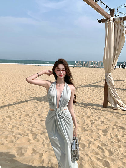 Blue v-neck hollow sleeveless halter dress temperament waist banquet dress R0547