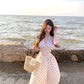 Small v-neck halter neck polka dot long dress with backless herringbone waist R0549