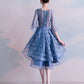 Blue V Neck Lace Short Prom Dress, Blue Lace Homecoming Dress     S3334