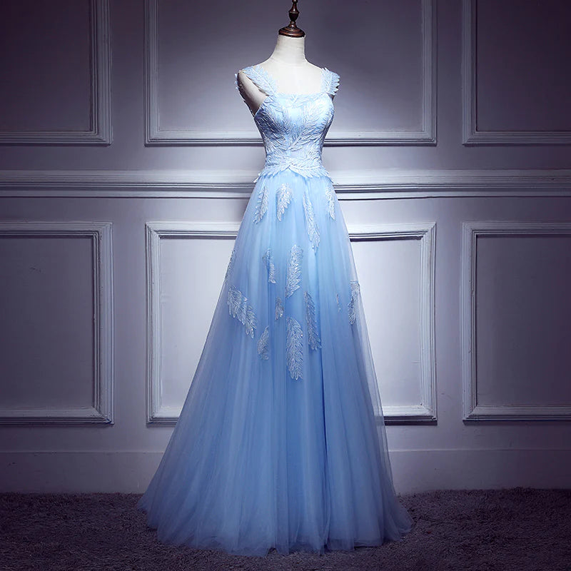 Lovely Light Blue Lace Applique Tulle Prom Dress, Blue Junior Party Dress Formal Dress     S3346