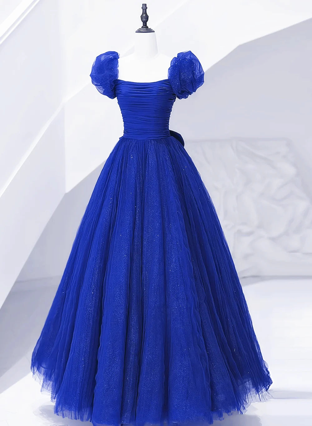 Royal Blue Scoop Tulle Short Sleeves Long Prom Dress, Royal Blue A-Line Party Dress    S2564