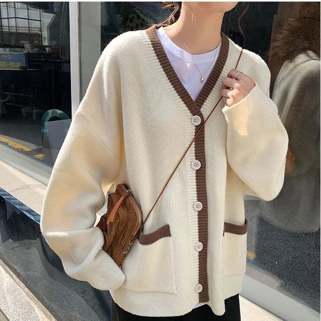 V-NECK KNITTED COLLEGE CARDIGAN SWEATER   S2793