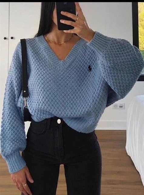 2023 Pullovers Women Autumn Winter Sweaters Solid V-Neck Loose Casual Daily Basic Womens Knitted Basic Chic Long Sleeve Sweater      S2824