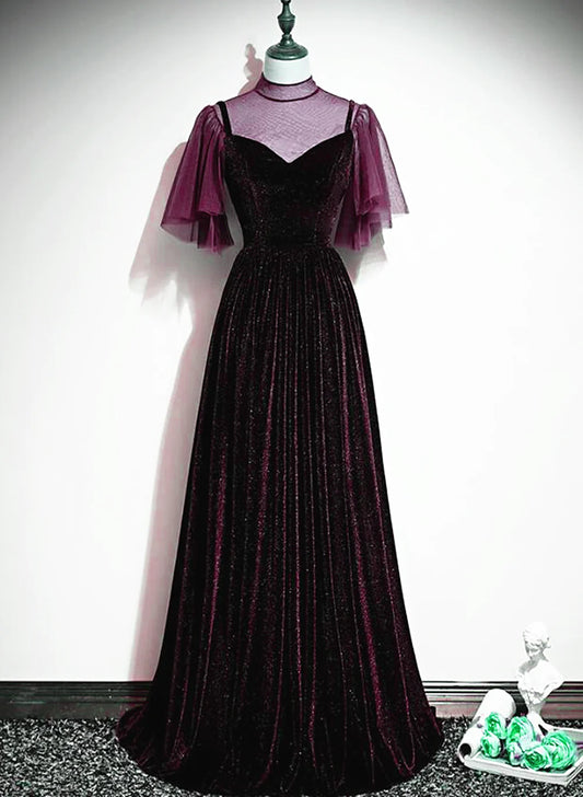 Velvet A-Line Long High Neckline Party Dress, Wine Red Long Bridesmaid Dress    S2563