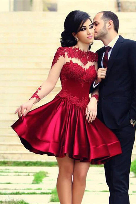 Short Ball Gown High Neckline with Long Sleeves Lace Dark Wine Red Backless Lace Prom Dress         S3213