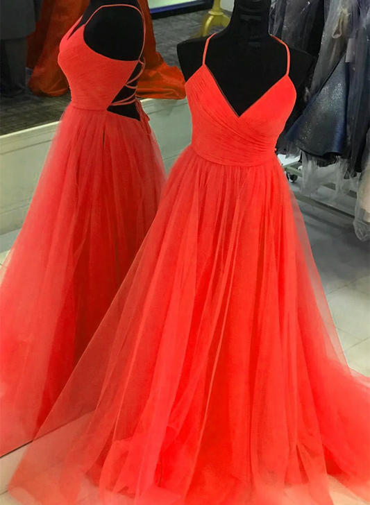 A-Line Tulle V-Neckline Sweetheart Cross Back Long Party Dress, Tulle Evening Dress Prom Dress     S2556