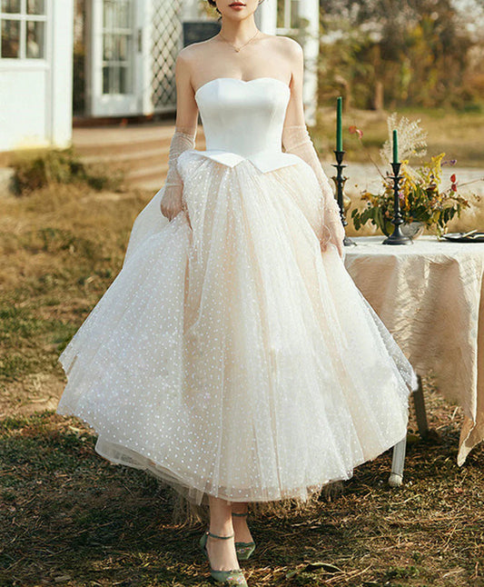 Champagne Tulle Retro Short  Dress, Tulle Tea Length Prom Dress    S2713