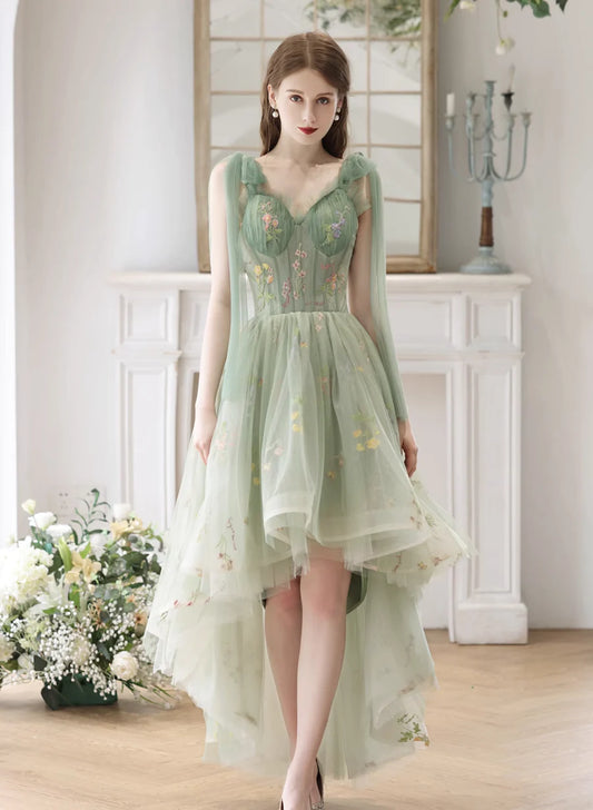 Light Green High Low Sweetheart Straps Formal Dress, Floral Tulle Homecoming Dress   S2561