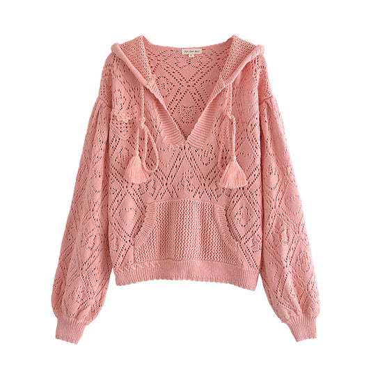 Hollow out design short Pink Knitted Hooded Sweater       S2519