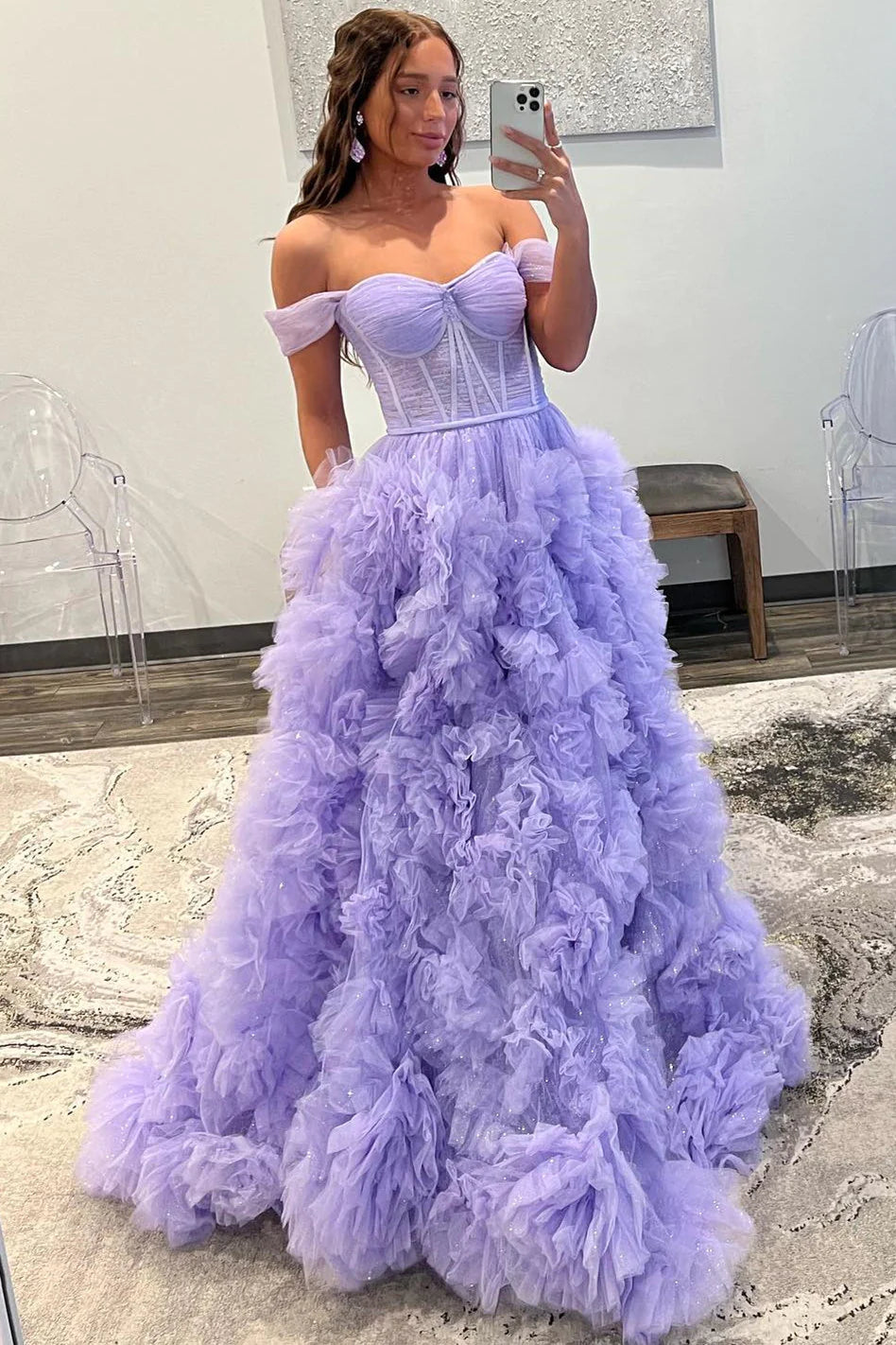 Lavender A-line Off-the-Shoulder Ruffle Layers Long Prom Dress      S3227