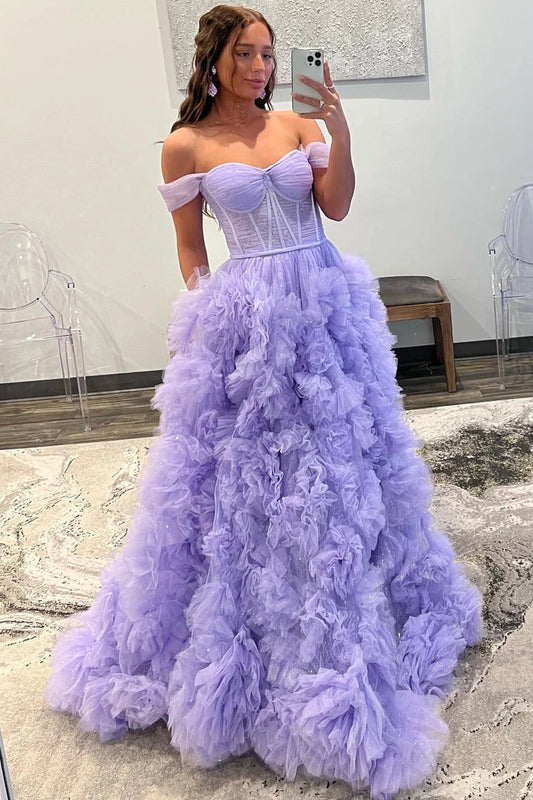 Lavender A-line Off-the-Shoulder Ruffle Layers Long Prom Dress      S3227