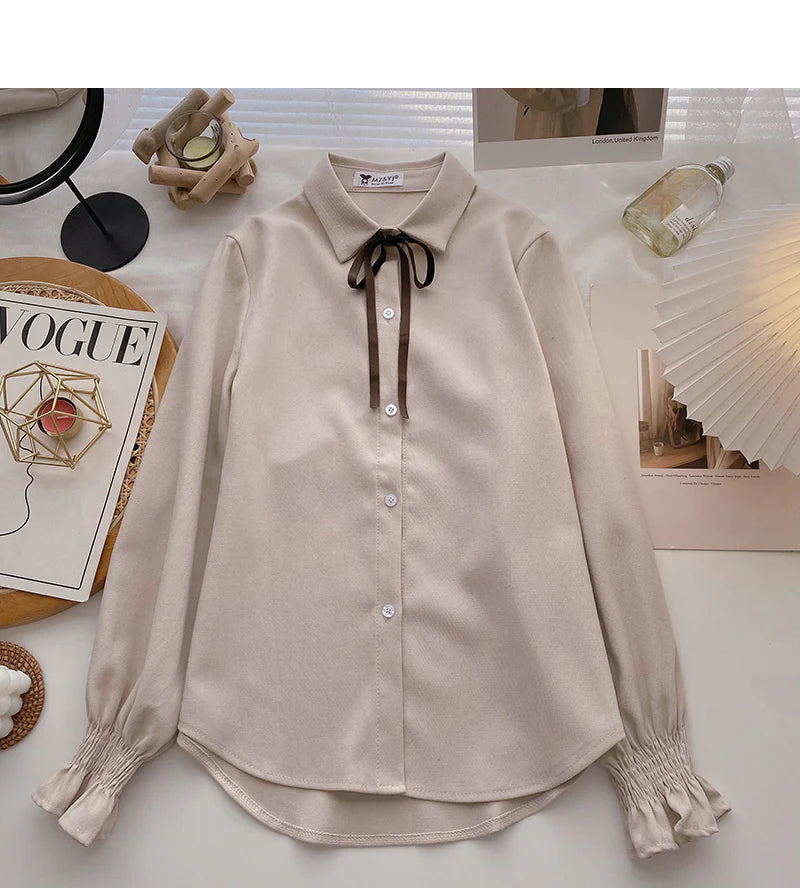 Collegiate lace up Lapel shirt casual long sleeve top     S2535