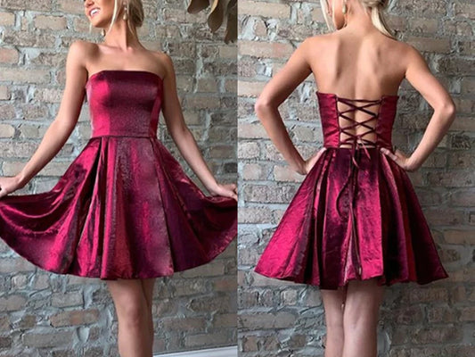 Strapless Burgundy Satin Short Prom Dresses     S3192