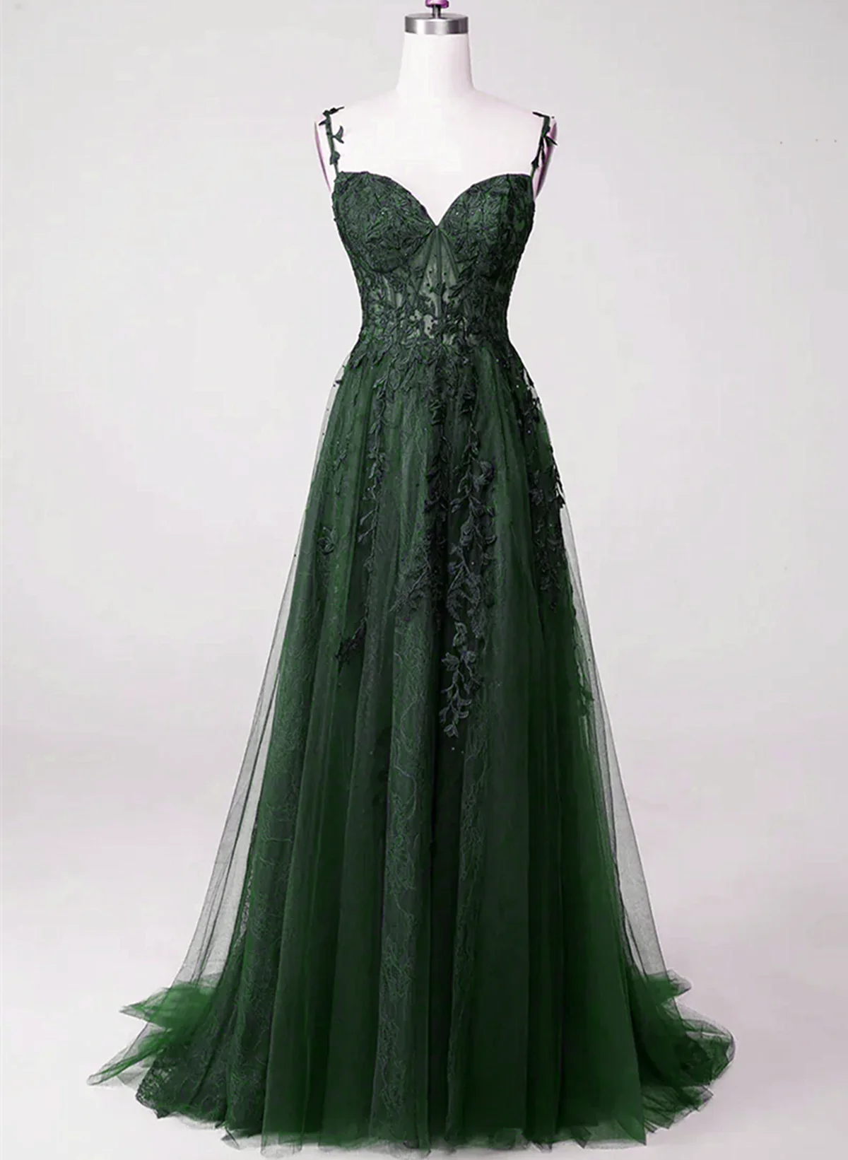 Dark Green Tulle With Lace Beaded Straps Prom Dress, Green Long Formal Dress Party Dress    S2559