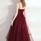 Burgundy sweetheart tulle lace tea length prom dress, formal dresses, evening dress     S2949