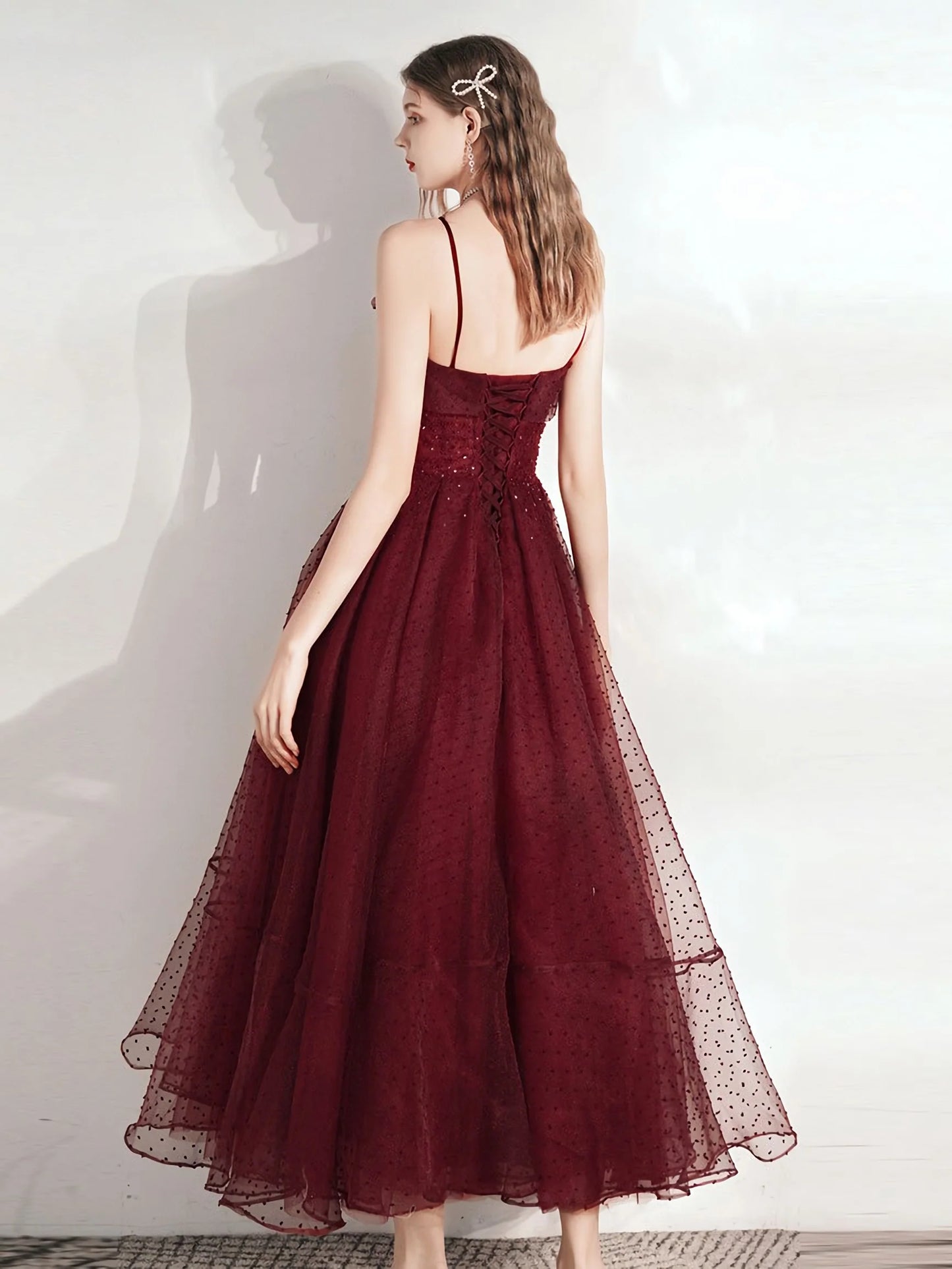 Burgundy sweetheart tulle lace tea length prom dress, formal dresses, evening dress     S2949