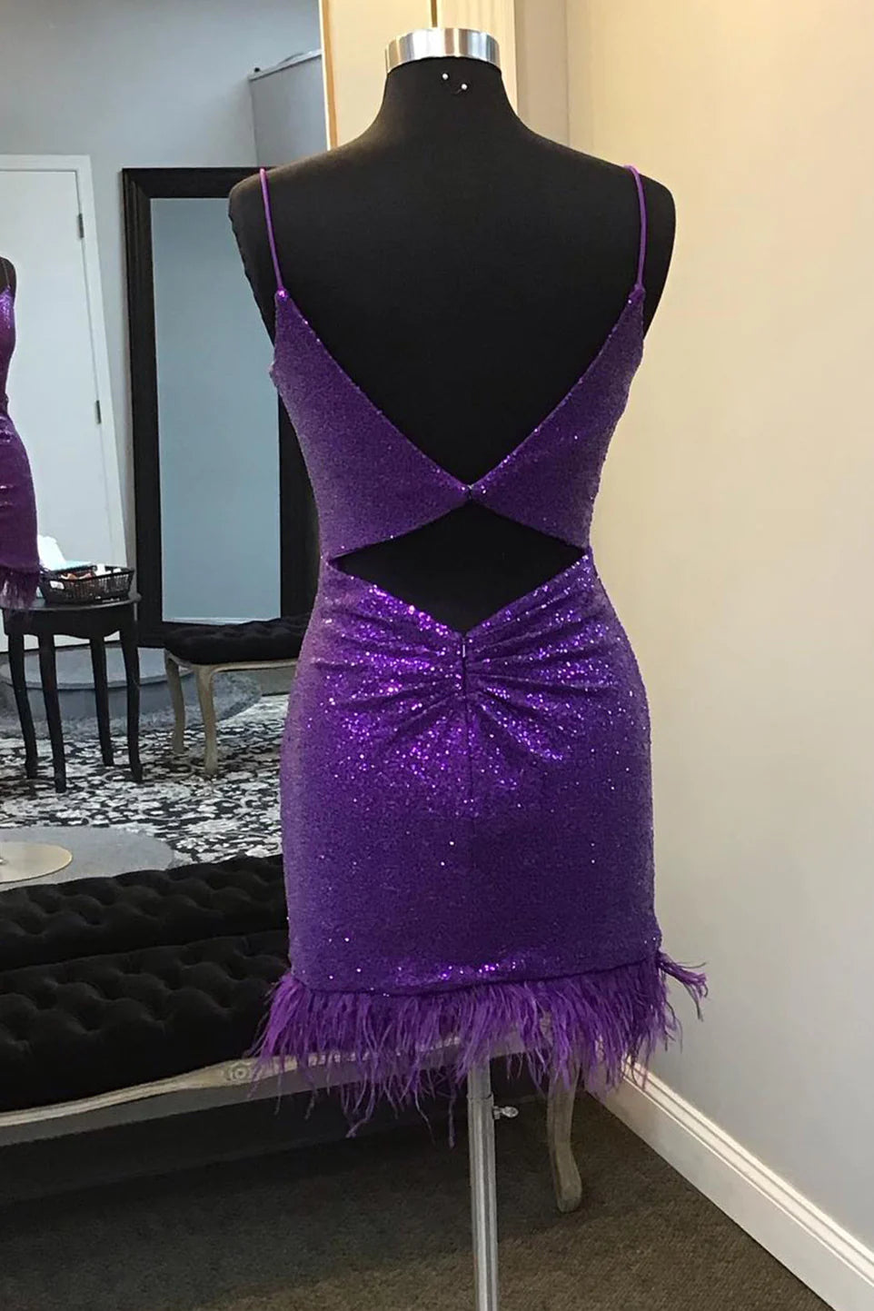 V-Neck Sequins Homecoming Dress with Feather Hem        S3032