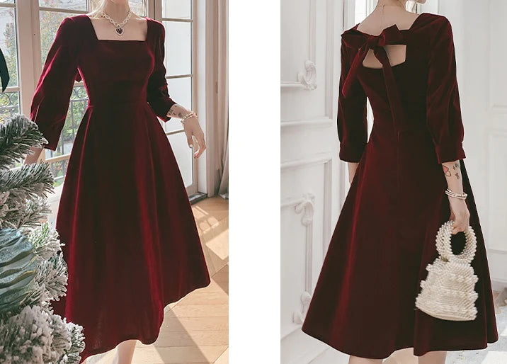 Square Necking Tea Length Burgundy Velvet Prom Dresses    S2583