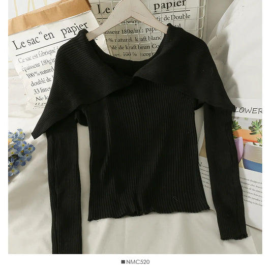 French minority design, one line shoulder with clavicle exposed, short long sleeve T-shirt     S2515