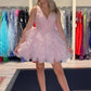 Pink V Neck Sleeveless Sequined Ruffles A-line Homecoming Dress     S2856