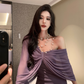 High-grade purple tube top dress, elegant and slim design, fake two-piece shawl pleated hip skirt R1485