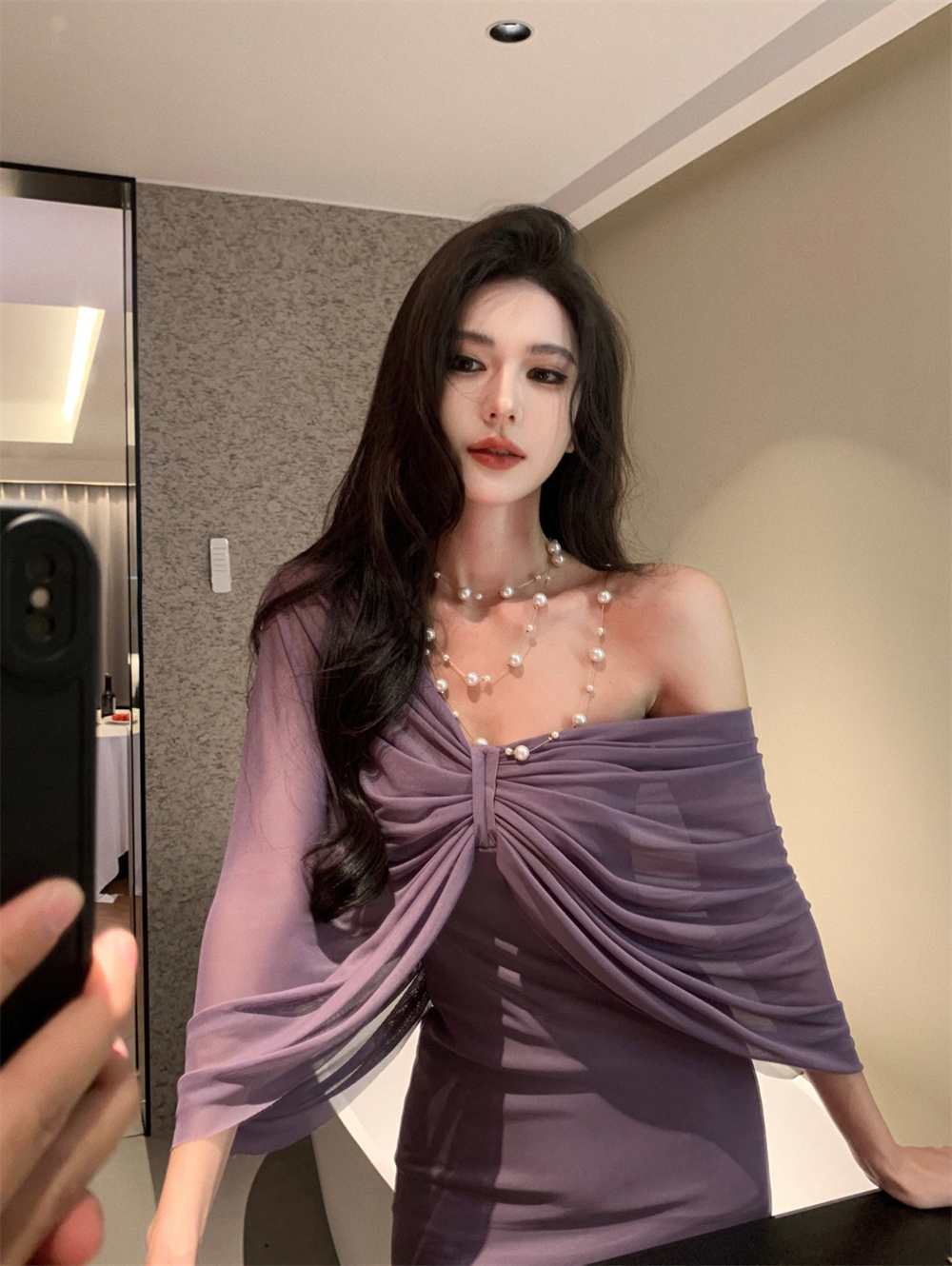 High-grade purple tube top dress, elegant and slim design, fake two-piece shawl pleated hip skirt R1485