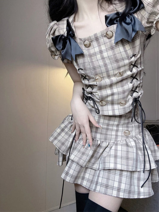 French first love skirt sweet retro plaid suit skirt puffy princess skirt two-piece suit R1648