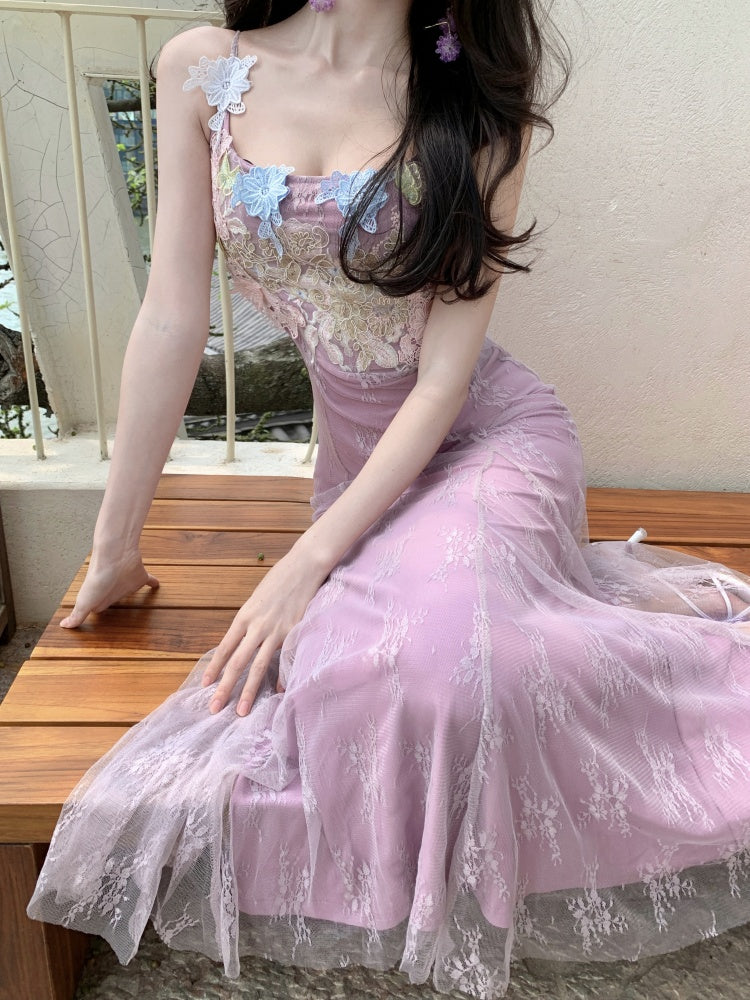 Beautiful little skirt purple flower sling dress beautiful waist hip skirt R0656