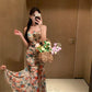 Retro floral suspender dress beautiful waist hip skirt R0657