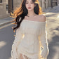 Large size French pure one-shoulder knitted dress temperament tassel short skirt R1861