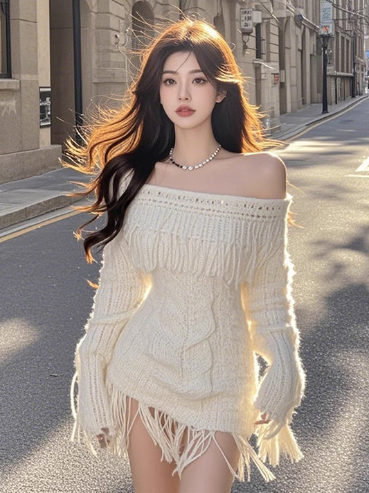 Large size French pure one-shoulder knitted dress temperament tassel short skirt R1861