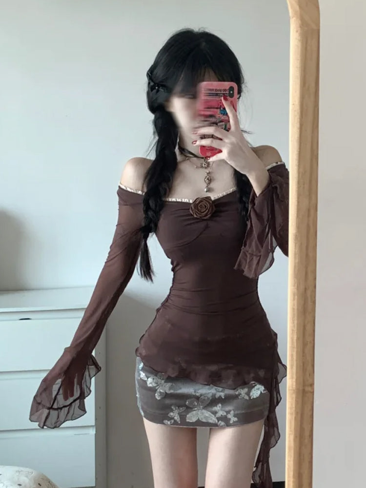 Large size French one-shoulder chic temperament slim fit top floral hip skirt two-piece set R1862