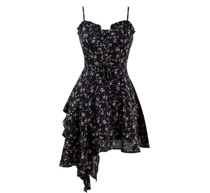 Dark pure desire niche irregular floral suspender skirt dress R0002