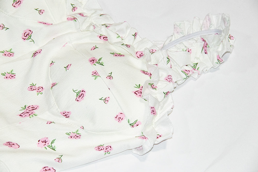 White floral suspender dress with slim waist and princess puffy skirt R0004