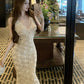 Temperament V-neck three-dimensional flower suspender dress with waist and slim fit hip skirt R0540