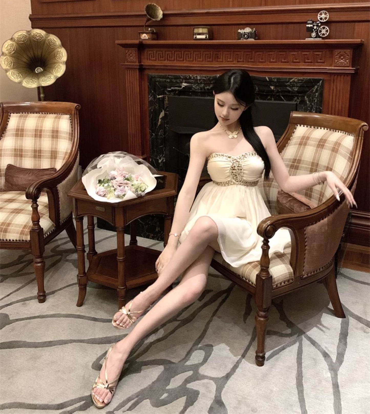 Sexy one-shoulder tube top dress with diamonds R0538