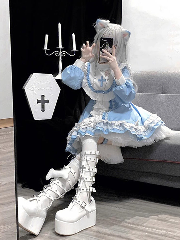 Gothic style decoration female lolita blue and white dress female cute daily dress OP princess dress R1678